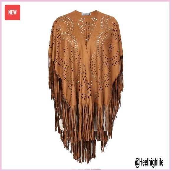 Faux Suede Fringe Cape Kimono Blouse Cut Out Asymmetric Boho
